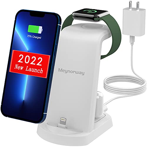 Charging-Station-for-iPhone 3-in-1-White-Wireless-Charger-Stand Charging-Dock for-Apple-Watch-Series-7 6 SE 5 4 3 2 & Airpods iPhone 14 13 12 11 Pro X Max XS XR 8 7 Plus 6s 6 with Adapter