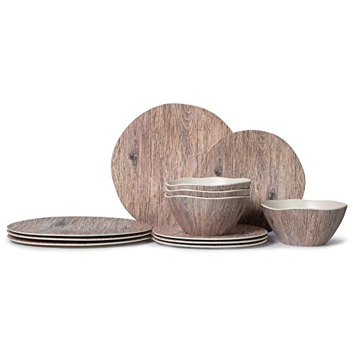 Melamine Dinnerware Set - 12pcs Melamine Plates and Bowls Set for Indoor Outdoor Use, Dishes Dinnerware Set Service for 4, Dishwasher Safe, Wood Grain