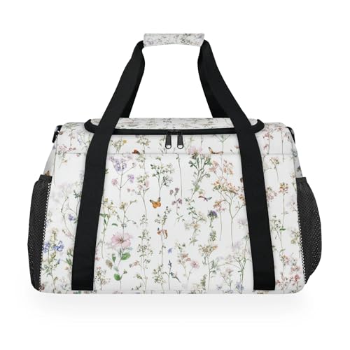 Flowers Butterfly Grass Travel Duffel Bag Weekender Overnight Bags for Women Men Foldable Waterproof Tote Bag with Trolley Sleeve