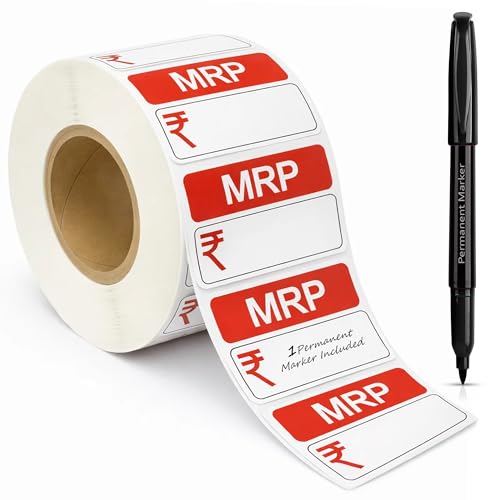 Image of GLUN MRP Price Stickers 1000 Labels + 1 Black Permanent Marker | 38x25 mm Self Adhesive MRP Price Tags | Blank Printable & Handwriting Labels for Retail Shops
