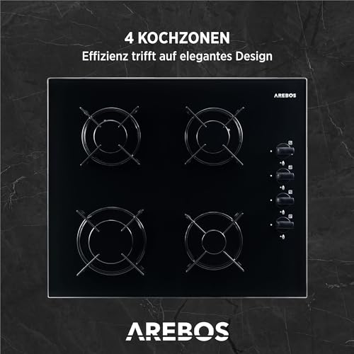 Arebos Gaskochfeld 60cm 4 Brenner | Gasherd aus gehärtetem Glas | Einbaukochfeld mit Gusseisen-Topfträgern | Erdgas & Propangas | Gaskocher mit integrierte Zündsicherung – Bild 5