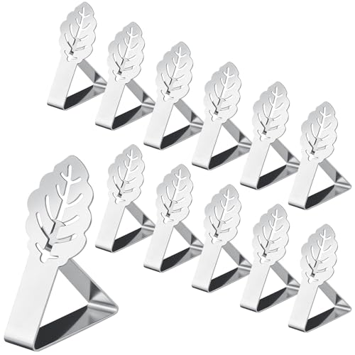 VINATO 12 Pièces Pince Nappe Table en Acier Inoxydable, 4cm Pinces à Nappe Clips avec Design Feuille, Pinces de Table pour l'Intérieur et l'Extérieur,...