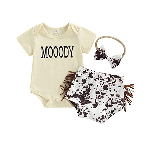Image of Muasaaluxi Newborn Baby Girl Outfits Short Sleeve Mooody Romper Tassel Cow Print Shorts Headband 3Pcs Casual Clothes Set