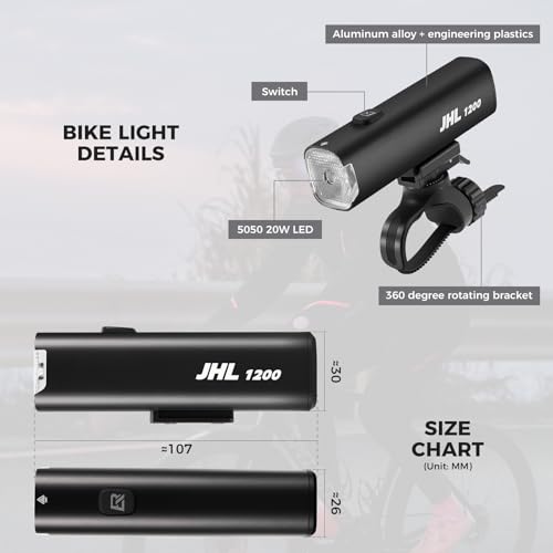 Image of ROCKBROS Bike Headlight 1200 Lumens 5000mAh USB-C Rechargeable Aluminum Alloy IPX6 Anti-Dazzling LED Bike Light 360Adjustable for Night Mountain Road Cycling