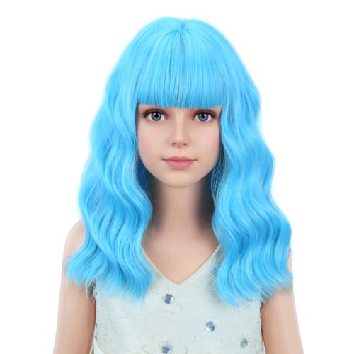 Image of PATTNIUM Blue Wig for Women Short Wavy Wig with Bangs Light Blue Wigs Heat Resistant Synthetic Hair Wigs