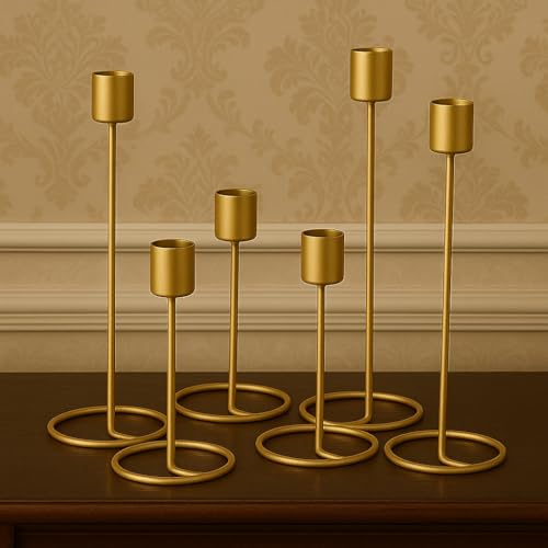 Image of (Set of 6) Gold Metal Candle Holders for Home Decoration | Modern T-Light Stand for Living Room, Bedroom, Office & Gifting