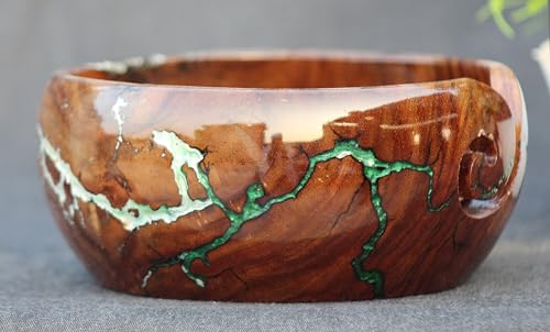 Image of Handmade Wooden Yarn Bowl for Knitting Yarn Ball Holder - Lichtenberg Figure Yarn Bowl - Yarn Bowls with Holes Crochet Bowl Holder - Resin Yarn Storage Bowl 7 inch x 4 inch inches (Green & White)