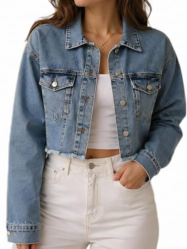 Womens Cropped Denim Jacket Relaxed Boxy Fit Jean Jacket Frayed Hem Button-Up Denim Jacket Lightweight Casual Layering Jacket for Spring Summ(SXL) (UK Alpha M Regular Washed Light Blue)