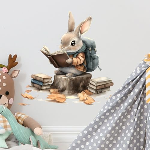 RoyoLam Bunny Reading Wall Decals Removable Animal Vinyl Stickers for Nursery Classroom Library and Kids Playroom Rabbit Decor Peel and Stick Wall Art
