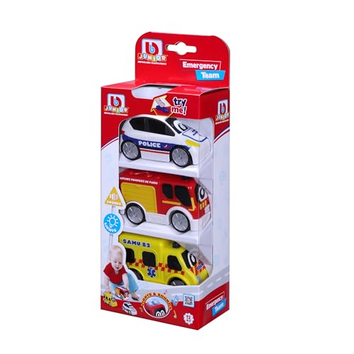 BB Junior – Emergency Sound & Light – Pack mit 3 Feuerwehrfahrzeugen/Polizei/Krankenwagen – Neu 2024