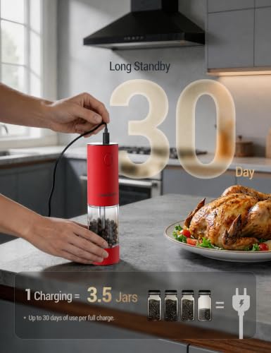 Image of ThermoMaven Electric Salt and Pepper Grinder Set, 110ml Larger Rechargeable Automatic Salt and Pepper Mill Grinder with 6 Adjustable Coarseness, Electric Salt and Pepper Shakers, LED, 2 Packs, Red