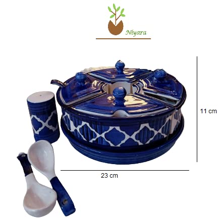 Image of Niyara Multipurpose Storage Ceramic Pickle set Jars & with Lid & tray & spoon & Salt Dispenser (Set of 5, 300 ML) (Blue)