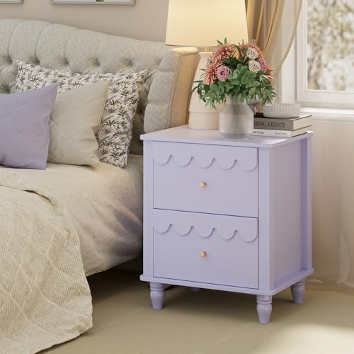Image of Purple Nightstand Side End Table with 2 Drawers, Modern Night Stand with Petal Pattern for Bedroom, Scalloped Bedside Night Tables with Solid Wood Legs