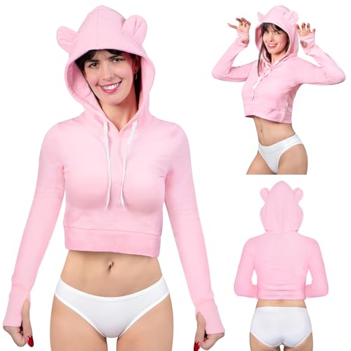 LittleForBig Women's Cozy Bear Cropped Hoodie Sweatshirt Casual Regular Fit Long Sleeve Drawstring Hoodie Sweater Pink XS