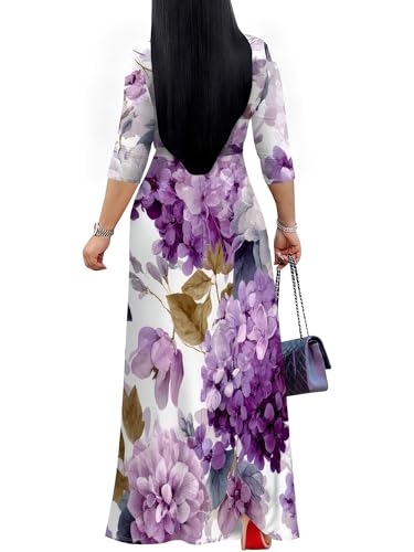 Image of SUZONANA Plus Size Dresses for Women Floral Print Maxi Dress Flowy 3 /4 Sleeve with Belt