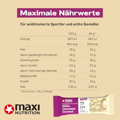 MaxiNutrition Creamy Core Protein Bar White Chocolate Coconut, 12 x 45 g, 33% Eiweiß, 14 g Protein je Riegel, ohne Zuckerzusatz, ohne künstliche Aromen