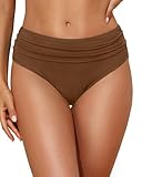 Tempt Me Women Brown Mid Rise Bikini Bottoms Full Coverage Swimsuit Ruched Scrunch Swim Bottom M