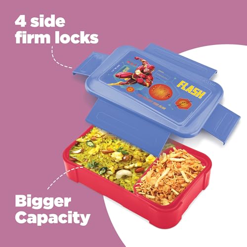 Image of MILTON Berry Tiffin Lunch Box for Kids Boys & Girls with Leak-Proof Inner Container| Food Grade,BPA Free,Compact & Durable Snacks Box for Kids I Plastic Spoon & Fork, 850 ml, Flash Print, Blue