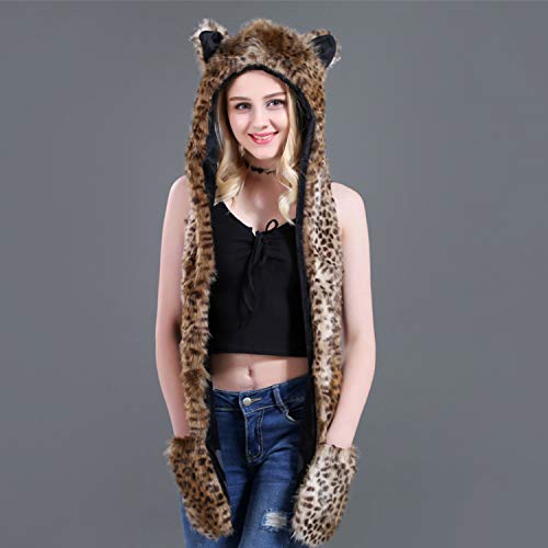 Women Faux Fur Animal Hood Scarf with Glove Pocket Winter Soft Warm Fuzzy Furry Hoodie Ear Flaps Hat, Scarf & Mitten Combo4