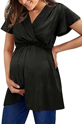 OUGES 2023 Womens Maternity Tops/Shirts Short Sleeve Wrap V Neck Tie Back Pleat Peplum Maternity Clothes/Tunic Casual Pregnancy Blouse(Black,L)