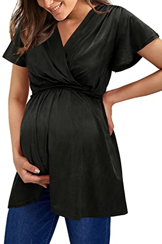Ouges 2023 Womens Maternity Tops/Shirts Short Sleeve Wrap V Neck Tie Back Pleat Peplum Maternity Clothes/Tunic Casual Pregnancy Blouse(Black,L) #TOP3