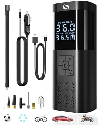 SERVOMASTER Tyre Inflator Air Compressor, Mini Portable Air Compressor with Pressure Gauge, Battery Operated 150 PSI 12V DC, Car Tyre Pump with LED Light for Cars, Motorcycles, Bicycles and Balls