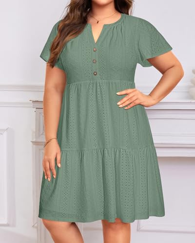 Image of Plus Size Summer Dress Casual Short Sleeve Button Midi Sun Dresses Women