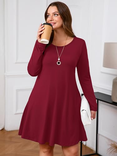 Image of AusLook Women's Plus Midi Dress Long Sleeve Crew Neck A-Line Swing Flowy Vacation Fall Wedding Guest Dresses with Pocket 1-5X