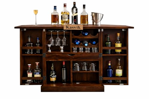 Image of Handcrafted Wooden Bar Cabinet | Traditional Indian Artisan Made Home Bar Furniture with Wine Rack & Storage Drawer | Walnut Finish