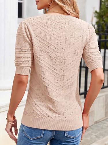 Image of Womens Puff Short Sleeve Sweater Summer Crew Neck Ribbed Knit Pullover Tops