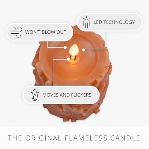 Image of Luminara Flameless Marmalade Embossed Leaves 3.5 inchx4.5 inch Pillar, Battery Operated & Timer Function, Fall Decorations Indoor Candle Moving Flickering Flame LED Light, Remote Ready (Sold Separately)