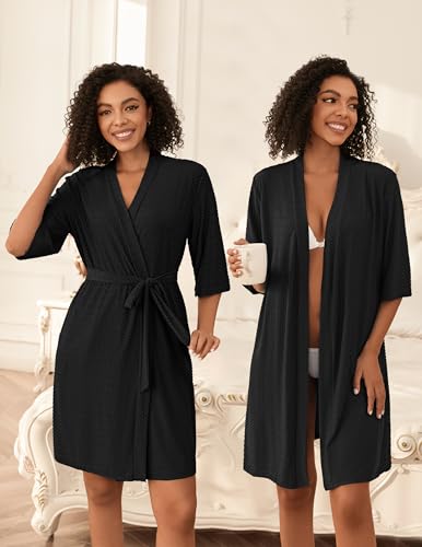 Ekouaer Short Robes for Women Lightweight Bathrobe Kimono Robes Knee Length 3/4 Sleeve Swiss Polka Dot Soft Robe with Pockets4