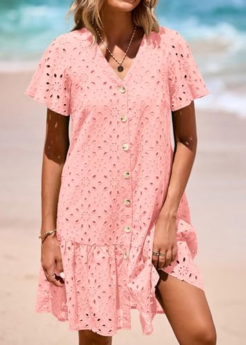 Image of KIRUNDO Eyelet Dresses for Women Button Down Mini Babydoll | 2026 Summer Short Sleeve Boho Sundress, Loose Fit V Neck Short Dress With Pockets, A Line, Cruise Beach Vacation Outfits