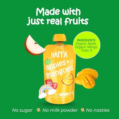 Image of Happa Organic Baby Food Apple and Mango Puree | 100% Fruits | No Added Sugar, No Milk Powder, No Preservatives | Stage 2 (6 Months+) | Ready to Eat | Free from Common Allergens | Pack of 9 (100g Each)