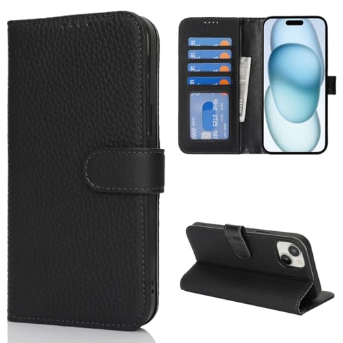 Étui en cuir véritable iPhone 15 clapet portefeuille noir avec blocage RFID
