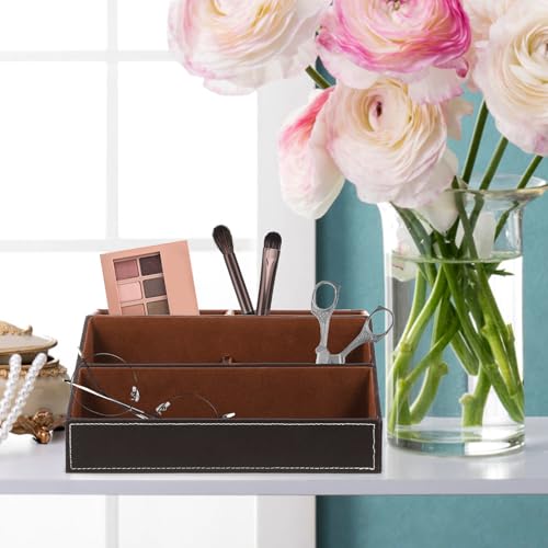 VANZACK Leather Remote Control Holder and Desktop Organizer Caddy for Sundries Storage Space-saving Multifunctional Desk Supply Holder with Smooth Surface Modern Design for Home and Office - Image 4