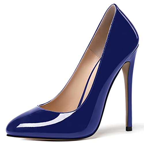 WAYDERNS Women's Slim Solid Round Toe Patent Slip On Stiletto High Heel Pumps Shoes 4.7 Inch