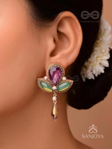 Image of SANJOYA by EVERSTYLISH Embroidered Earrings for Women | Stones, Beads, Glass & Pearl Drop Danglers | Lightweight Adjustable Festive & Wedding Jewelry