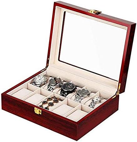 10 Slots Wooden Watch Jewelry Box Organizer Watch Case for Men Women Display Storage Watch Holder with Glass Cover