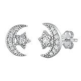 Milgrain Half Moon Star Stud Earrings 925 Sterling Silver Push Back CZ -  OLIE & JOLIE