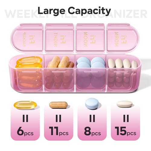 Image of Daviky Pill Organizer 4 Times a Day - Pill Box 7 Day, Weekly Medicine Pill Organizer for Travel with Removable Containers, Pill Case to Hold Daily Vitamins, Supplements and Medication (Pink Purple)