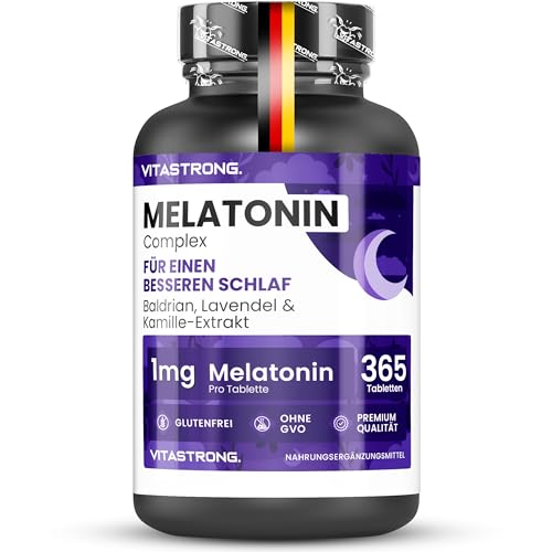 Vitastrong Melatonin Komplex, 365 Mikro-Tabletten, Hochdosiertes Melatonin mit Kamille, Baldrian, Lavendel & Vitamin B6 für besseren Schlaf & Jetlag, Zucker-, Gluten- & GVO-Frei