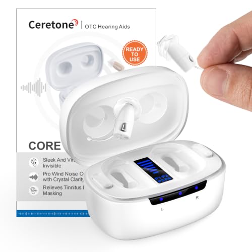 Ceretone Core One Pro OTC Hearing Aids for Seniors, Tiny Invisible Rechargeable Hearing Aids for Adults, Intricon® Digital Chip, Wind Noise Reduction, Auto On/Off, Easy Volume Control White