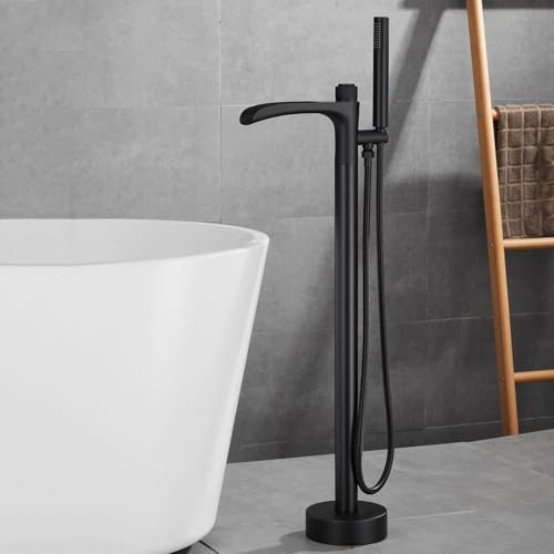 BiaoTeng Grifo de Pie para Bañera Exenta Grifo Cascada Latón Frío y Caliente Grifo Bañera Independiente Grifo Bañera Suelo Negro