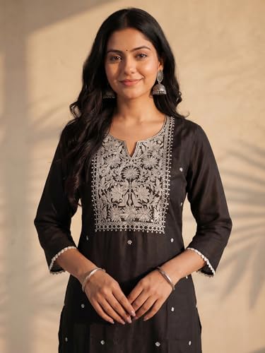 Image of INDO ERA Women's White Viscose Rayon Straight Embroidered Kurta