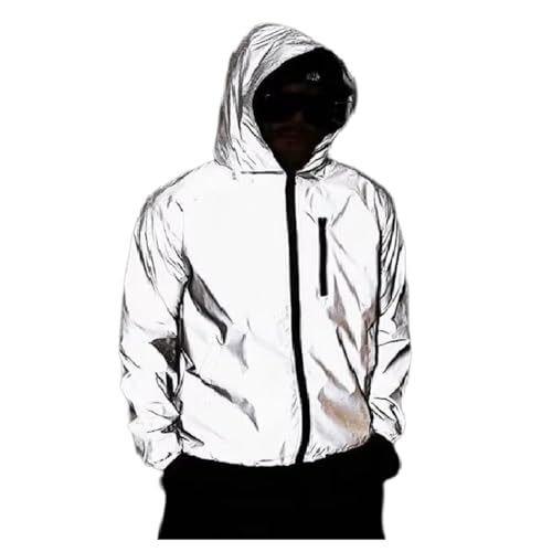 reflektierende winterjacke damen，360 Reflektierende Herrenjacke Unisex Full Reflective Jacke Laufjacke/Atmungsaktiv/Winddicht/Wasserabweisend/Reflekierend,Grau,L