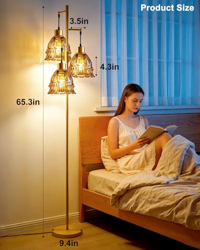 Image of Lightdot 3-Lights Glass Floor Lamp Dimmable Gold Floor Lamps with Brown Glass Shade 3000K Bulbs Included Unique Modern Standing Tall Lamp with 5Lbs Heavy Base for Living Room /Bedroom /Sofa Beside