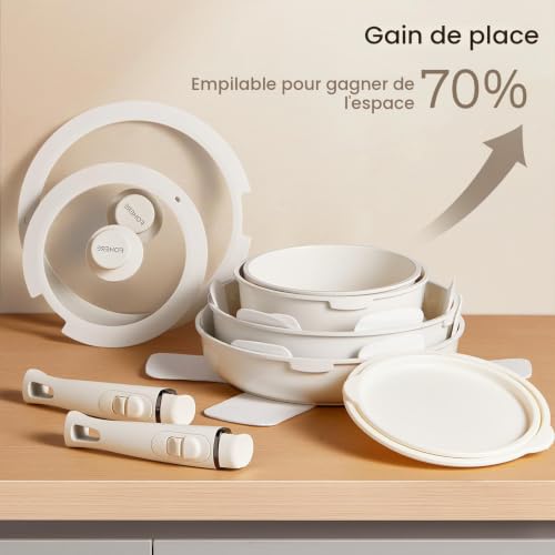 FOHERE Batterie de cuisine en céramique anti-adhésive avec 2 poignées amovibles, lot de 16 casseroles à induction avec couvercles pour tous les types de cuisinières, fours et – vue 2