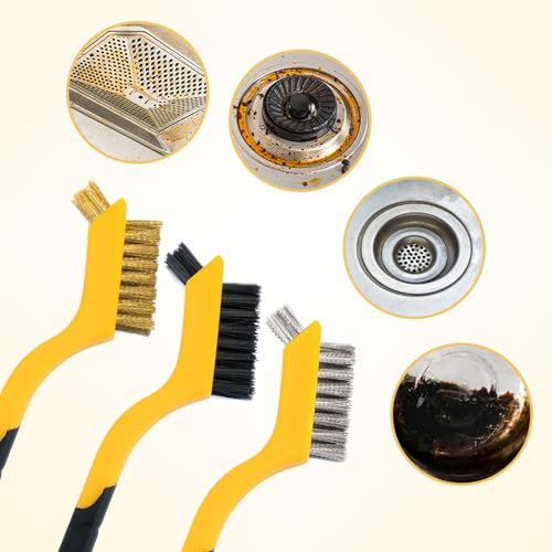 Image of 3pcs Wire Brushes Sturdy Little Cleaning Tool Scratch Brush, Nylon /Brass /Stainless Steel Bristles Brush with Curved Handle Grip Cleaning for Grout, Dirt, Rust, Paint Scrubbing Grease
