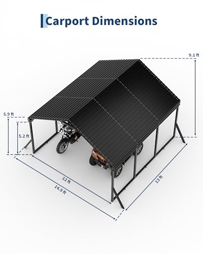 Image of Garvee 12x13x9 ft Metal Carport, Car Port with Reinforced Frame and Steel Roof for All-Weather Use, Permanent Shelter for Cars, Motorcycles, ATVs, or Boats